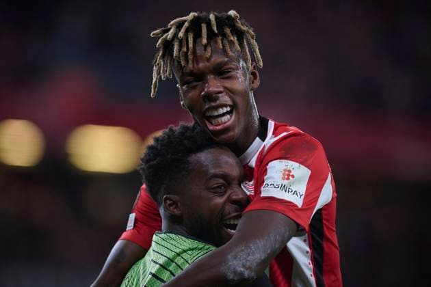 Athletic Club™s Nico Williams (r) and Inaki Williams (l) celebrate a goal during UEFA Europa League 2024 2025 Round of 8 2nd leg match. April 17,2025. (2025041745)