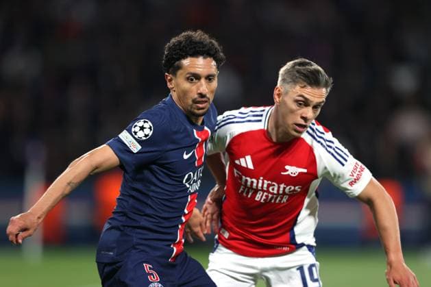 PSG v Arsenal UEFA Champions League 07 May 2025 Paris - UEFA Champions League - Paris Saint-Germain v Arsenal FC - Marquinhos of PSG and Leandro Trossard of Arsenal - (Photo: Mark Leech Paris UK Copyright: xMarkxLeechxOffside