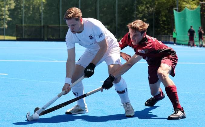 BAU 10.05.2025, Deutschland, Ludwigsburg, Hockey 2. Bundesliga, HTC Stuttgarter Kickers vs. HC Ludwigsburg, v.l. Richard Bremges (HTC), Malte Lindenthal (HCL)