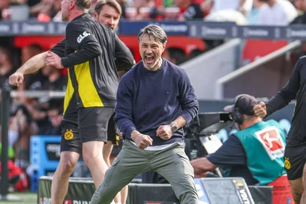 Bilder des Jahres 2025, Sport 05 Mai Sport Themen der Woche KW19 Sport Bilder des Tages 11.05.2025, Fussball, Saison 2024 2025, 1. Bundesliga, 33. Spieltag, Bayer Leverkusen - Borussia Dortmund, Trainer Niko Kovac (Borussia Dortmund) jubelt. Leverkusen Bayarena NRW Deutschland xRHR-FOTO TRx Copyright: TimxRehbein RHR-FOTOx RHR-FOTO TR