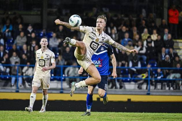 Mechelen s Fredrik Hammar pictured in action during a soccer match between FCV Dender EH and KV Mechelen, Saturday 24 May 2025 in Denderleeuw, on day 10 (out of 10) of the Europe Play-offs of the 2024-2025 Jupiler Pro League first division of the Belgian championship. TOM GOYVAERTS TomxGoyvaerts  x125141355x