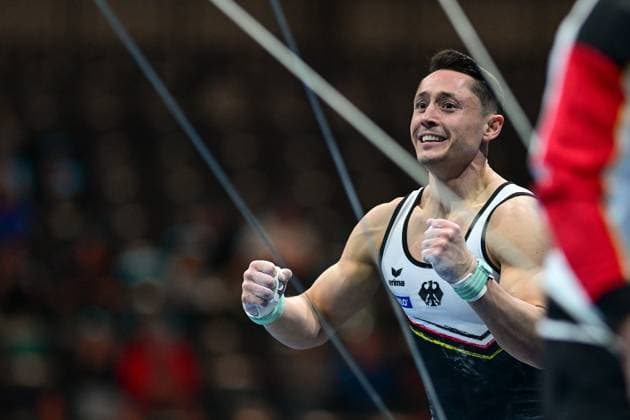 Bilder des Jahres 2025, Sport 05 Mai Sport Bilder des Tages 27.05.2025, xkaix, Turnen Turn EM 2025, v.l. Andreas Toba (Deutschland) jubelt nach seiner Reck-Übung Leipzig