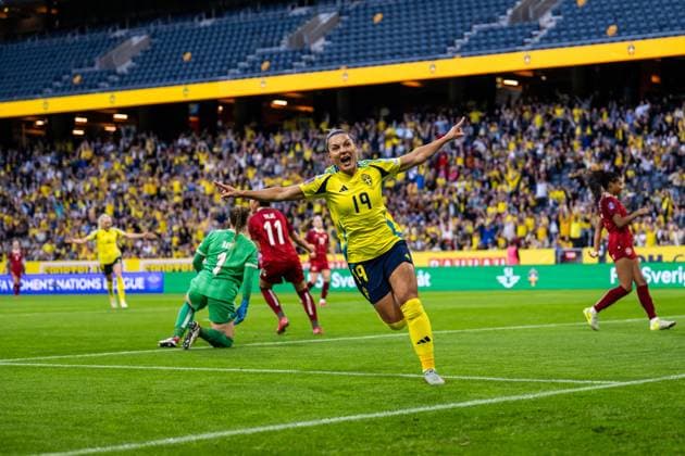 Bilder des Jahres 2025, Sport 06 Juni Sport Themen der Woche KW23 Sport Bilder des Tages 250603 Johanna Rytting Kaneryd of Sweden celebrates after scoring 2-0 during the Women s Nations League football match between Sweden and Denmark on June 3, 2025 in Stockholm. Photo: Joel Marklund BILDBYRAN kod JM JM0698 fotboll football soccer fotball nations league uefa womens nations league sverige sweden danmark denmark dam bbeng bbauto jubel Copyright: JOELxMARKLUND BB250603JM023