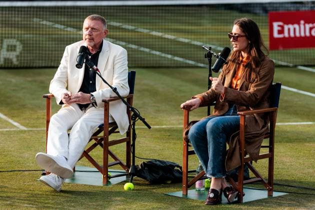 Bilder des Jahres 2025, Sport 06 Juni Sport Themen der Woche KW24 Sport Bilder des Tages BOSS OPEN ATP250; 10.06.2025 Boris Becker und Andrea Petrovic während der Live-Aufnahme des Boris Becker & Andrea Petrovic Podcasts BOSS OPEN ATP250; Stuttgart, Tennisclub Weissenhof am 10.06.2025 Copyright: xBEAUTIFULxSPORTS Wunderlx