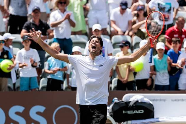 Bilder des Jahres 2025, Sport 06 Juni Sport Themen der Woche KW24 BOSS OPEN ATP250; 14.06.2025 Taylor Fritz (USA) jubelt nach dem Sieg im Match gegen Felix Auger-Aliassime (CAN) BOSS OPEN ATP250; Stuttgart, Tennisclub Weissenhof am 14.06.2025 Copyright: xBEAUTIFULxSPORTS Wunderlx