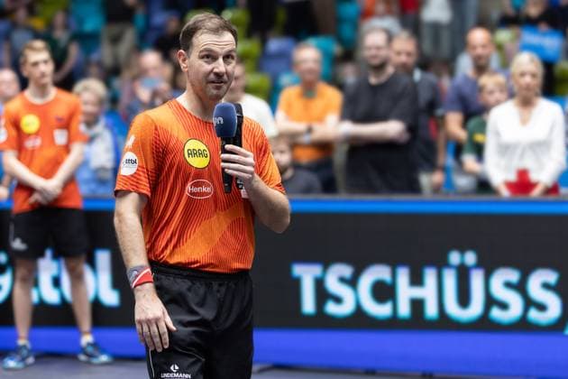 Bilder des Jahres 2025, Sport 06 Juni Sport Themen der Woche KW24 Sport Bilder des Tages TTF Liebherr Ochsenhausen - Borussia Düsseldorf, Liebherr TTBL-Finale 2025 Timo Boll (Borussia Düsseldorf) kämpft mit seinen Emotionen. Liebherr TTBL-Finale 2025 zwischen TTF Liebherr Ochsenhausen und Borussia Düsseldorf am 15. Juni 2025 in der Süwag Energie ARENA in Frankfurt am Main., Frankfurt am Main Hessen Deutschland Süwag Energie ARENA