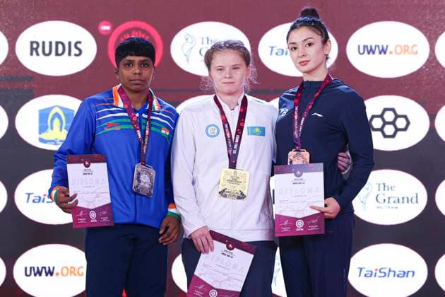 Wrestling U23 Asian Championships Podium 59kg WW - Gold: Viktoriia Khusainova (KAZ), Silver: Tanvi Gundesh Magdum (IND), Bronze: Laylokhon Sobirova (UZB)