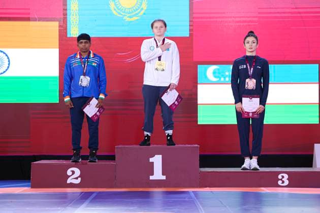 Wrestling U23 Asian Championships Podium 59kg WW - Gold: Viktoriia Khusainova (KAZ), Silver: Tanvi Gundesh Magdum (IND), Bronze: Laylokhon Sobirova (UZB)