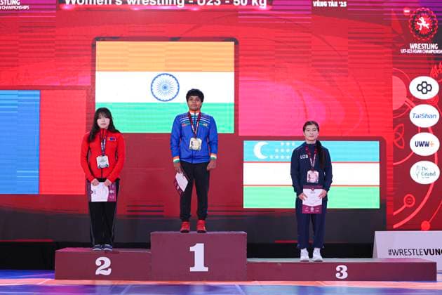 Wrestling U23 Asian Championships Podium 50kg WW - Gold: Priyanshi Prajapat (IND), Silver: Munkhgerel Munkhbat (MGL), Bronze: Mushtariy Tolipbekova (UZB)