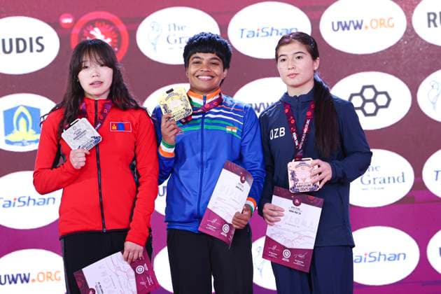Wrestling U23 Asian Championships Podium 50kg WW - Gold: Priyanshi Prajapat (IND), Silver: Munkhgerel Munkhbat (MGL), Bronze: Mushtariy Tolipbekova (UZB)
