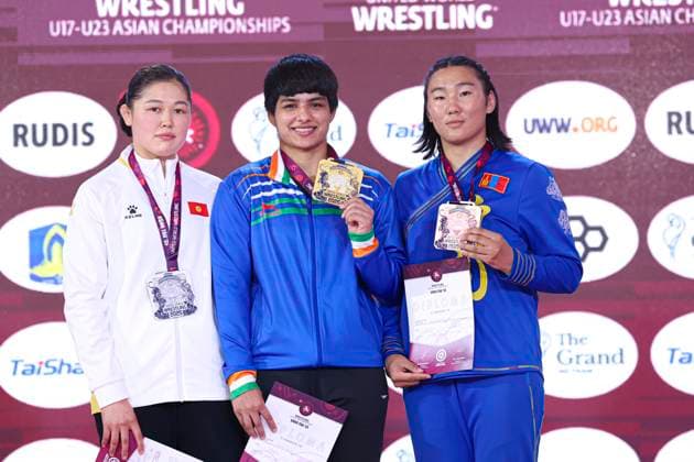 Wrestling U23 Asian Championships Podium 76kg WW - Gold: Priya Priya (IND), Silver: Kaiyrkul Sharshebaeva (KGZ), Bronze: Tuvshinjargal Tarav (MGL)