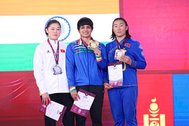 Wrestling U23 Asian Championships Podium 76kg WW - Gold: Priya Priya (IND), Silver: Kaiyrkul Sharshebaeva (KGZ), Bronze: Tuvshinjargal Tarav (MGL)