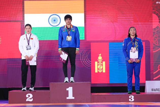Wrestling U23 Asian Championships Podium 76kg WW - Gold: Priya Priya (IND), Silver: Kaiyrkul Sharshebaeva (KGZ), Bronze: Tuvshinjargal Tarav (MGL)