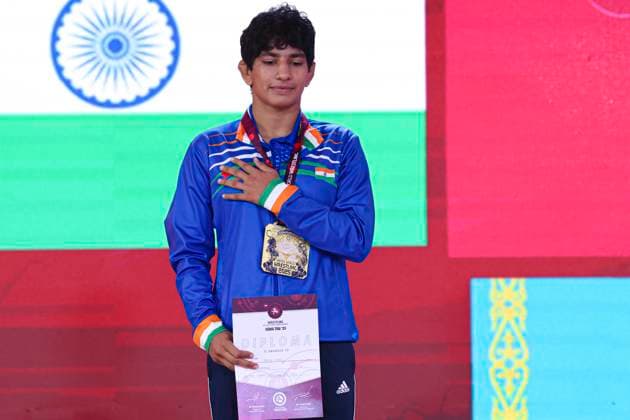 Wrestling U23 Asian Championships Podium 55kg WW - Gold: Reena Reena (IND), Silver: Aruuke Kadyrbek Kyzy (KGZ), Bronze: Angelina Pervukhina (KAZ)