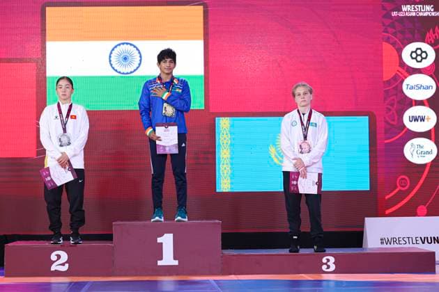 Wrestling U23 Asian Championships Podium 55kg WW - Gold: Reena Reena (IND), Silver: Aruuke Kadyrbek Kyzy (KGZ), Bronze: Angelina Pervukhina (KAZ)