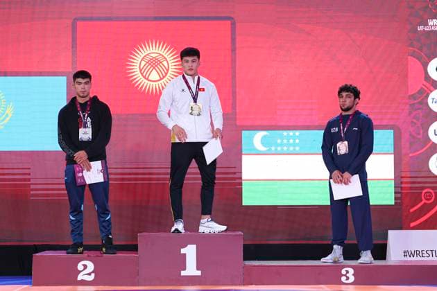 Wrestling U23 Asian Championships Podium 87kg GR - Gold: Asan Kurbanovich Zhanyshov (KGZ), Silver: Maksat Sailau (KAZ), Bronze: Rahimjon Uzokov (UZB)