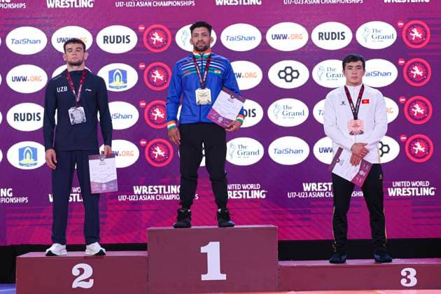 Wrestling U23 Asian Championships Podium 63kg GR - Gold: Sumit Sumit (IND), Silver: Khusniddin Olimboev (UZB), Bronze: Baiaman Apilov (KGZ)