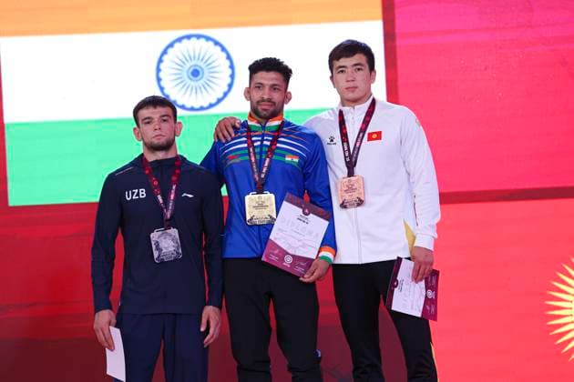 Wrestling U23 Asian Championships Podium 63kg GR - Gold: Sumit Sumit (IND), Silver: Khusniddin Olimboev (UZB), Bronze: Baiaman Apilov (KGZ)