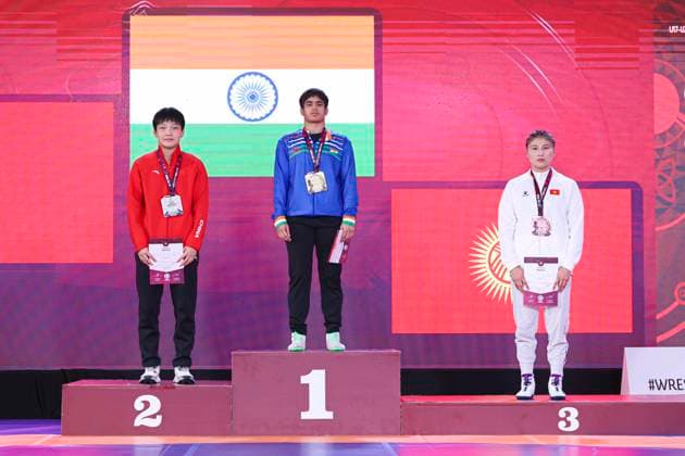 Wrestling U23 Asian Championships Podium 68kg WW - Gold: Srishti Srishti (IND), Silver: Yuqi Liu (CHN), Bronze: Gulnura Tashtanbekova (KGZ)