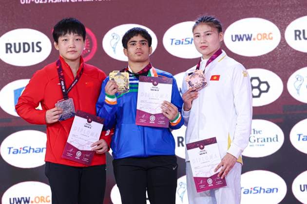 Wrestling U23 Asian Championships Podium 68kg WW - Gold: Srishti Srishti (IND), Silver: Yuqi Liu (CHN), Bronze: Gulnura Tashtanbekova (KGZ)