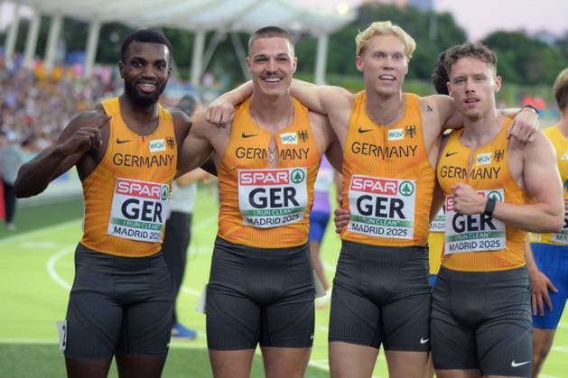 Bilder des Jahres 2025, Sport 06 Juni Sport Bilder des Tages Leichtathletik, athletics, Team Europameisterschaften, European Team Championships Super League 2025 ,1. Div Vallehermoso Stadium Madrid , 27.06.-29.06.2025 4x100m Männer Staffel , 4x100m Men relay , DLV Team Lucas peprah-Ansah , Julian Wagner, Marvin Schulte, Kevin Kranz, alle Deutschland,