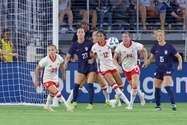 July 2, 2025, Washington, District of Columbia, USA: Jade Rose 12 of Canada and Vanessa Gilles 14 of Canada pursue corner kick ball during the US Woman™s national team, Nationalteam vs. Canada match at Audi Field. The USA won 3-0. Washington USA - ZUMA 20250702_mda_s363_138 Copyright: xJeffxScudderx