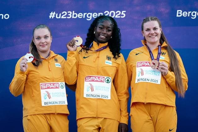 Sport Bilder des Tages Helena Kopp (LG Stadtwerke Muenchen, Kugelstossen Frauen), Jolina Lange (LV 90 Erzgebirge, Kugelstossen Frauen), Nina Ndubuisi (SG Schorndorf 1846, Kugelstossen Frauen), NOR, Leichtathletik, Athletics, European Athletics U23 Championships 2025, Leichtathletik U23 Europameisterschaft, Bergen, 17.07.2025, NOR, Leichtathletik, Athletics, European Athletics U23 Championships 2025, Leichtathletik U23 Europameisterschaft, Bergen, 17.07.2025 Bergen Copyright: xStefanxMayerx EP_SMR