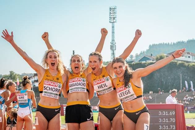 Sport Bilder des Tages Yasmin Amaadacho (Frankfurt Athletics, 4x400m Staffel Frauen), Sabrina Heil (Frankfurt Athletics, 4x400m Staffel Frauen), Lena Leege (SCC Berlin, 4x400m Staffel Frauen), Maja Schorr (SV Go! Saar 05, 4x400m Staffel Frauen), NOR, Leichtathletik, Athletics, European Athletics U23 Championships 2025, Leichtathletik U23 Europameisterschaft, Bergen, 20.07.2025, NOR, Leichtathletik, Athletics, European Athletics U23 Championships 2025, Leichtathletik U23 Europameisterschaft, Bergen, 20.07.2025 Bergen Copyright: xStefanxMayerx EP_SMR