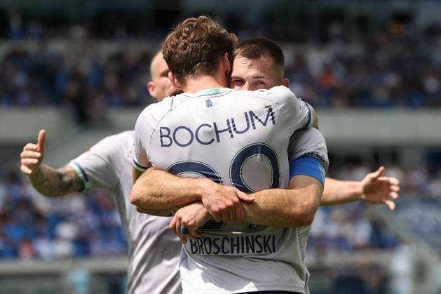 Sport Bilder des Tages 2025.08.02 xJFAx 2.Bundesliga Saison 2025 26 1.Spieltag SV Darmstadt 98 -VFL Bochum v.l., Moritz Broschinski (VFL Bochum), Matus Bero (VFL Bochum) Torjubel, Goal celebration, celebrate the goal zum 1:1 (DFL DFB REGULATIONS PROHIBIT ANY USE OF PHOTOGRAPHS as IMAGE SEQUENCES and or QUASI-VIDEO) Copyright: JoaquimxFerreira