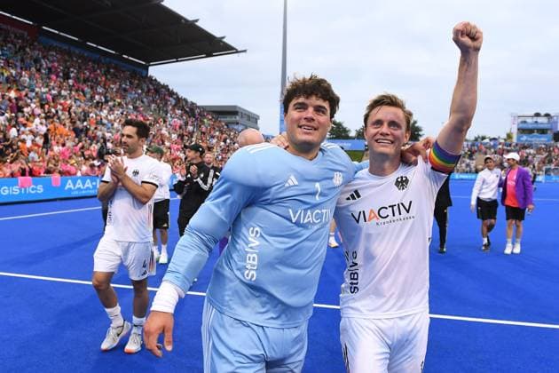 EuroHockey Championships 2025 Herren Finale Niederlande - Deutschland am 16.08.2025 im SparkassenPark in Mönchengladbach Schlussjubel Alexander Stadler ( Deutschland ), links - Mats Grambusch ( Deutschland ), rechts