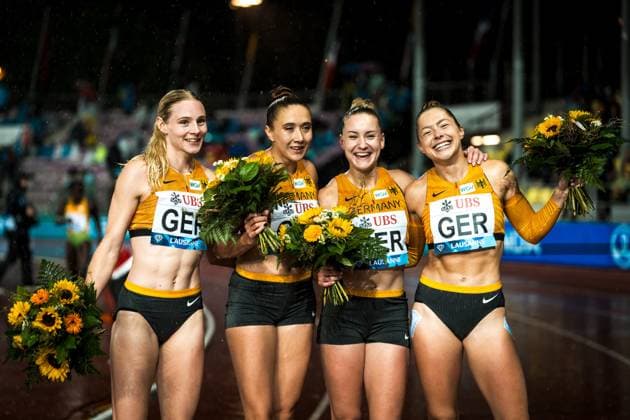 Athletissima 2025; Lausanne, 20.08.2025 Sina MAYER, Rebecca HAASE, Sophia JUNK,Gina LUECKENKEMPER, Germany, womens 4x100 m relay at the Athletissima 2025 in Lausanne (Switzerland) on Wednesday, 20.08.2025 Copyright: xBEAUTIFULxSPORTS UlfxSchillerx