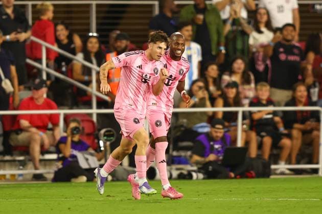 August 23, 2025, Washington Dc, District Of Columbia, USA: Washington, D.C.: Inter Miami CF midfielder Baltasar RodroÂ­guez (11) and teammate Fafa Picault (14) celebrate RodriguezÃ¢â‚¬â ¢s goal during an MLS, Fussball Herren, USA game on Saturday, August 23rd, 2025 at Audi Field. The DC United and Inter Miami CF played to a 1-1 draw. Washington Dc USA - ZUMAp258 20250823_znp_p258_008 Copyright: xStevexPrakopex