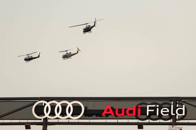 August 23, 2025, Washington Dc, District Of Columbia, USA: Washington, D.C.: A military flyover over Audi Field before the MLS, Fussball Herren, USA game on Saturday, August 23rd, 2025 between the D.C. United and Inter Miami CF at Audi Field. The DC United and Inter Miami CF played to a 1-1 draw. Washington Dc USA - ZUMAp258 20250823_znp_p258_016 Copyright: xStevexPrakopex