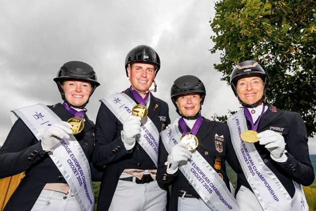 CROZET (FRA) - FEI Dressage European Championship, EM, Europameisterschaft 2025, CROZET (FRA) - FEI Dressage European Championship 2025 Team Deutschland, Team Germany HEMMER Katharina (GER), WERTH Isabell (GER), WANDRES Frederic (GER), KLIMKE Ingrid (GER) Grand Prix de Dressage - Team Competition Crozet, Jiva Hill Stables 28. August 2025 -