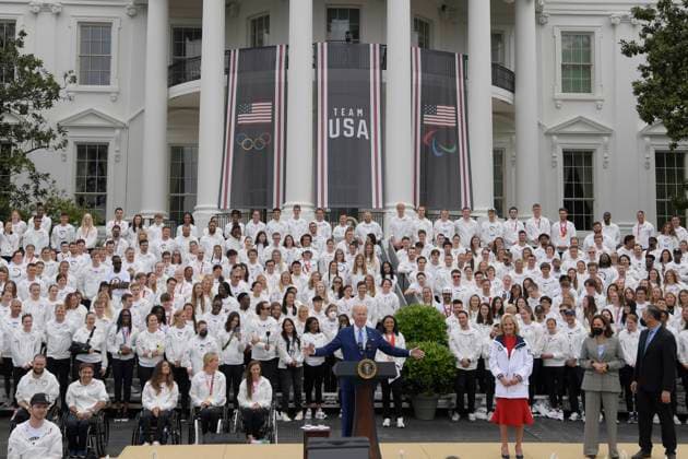 May 4, 2022, Washington, DC, United States: President Joe Biden speaks during a welcoming ceremony of Team USA to White House at South Lawn White House in Washington DC, USA. Copyright: xLeninxNollyx