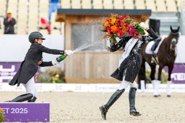 CROZET (FRA) - FEI Dressage European Championship, EM, Europameisterschaft 2025, CROZET (FRA) - FEI Dressage European Championship 2025 VERBOOMEN Justin (BEL), LAUDRUP-DUFOUR Cathrine (DEN), WERTH Isabell (GER) Sektdusche Siegerehrung Prize giving ceremony Grand Prix Special - Individual Competition Crozet, Jiva Hill Stables 29. August 2025 -