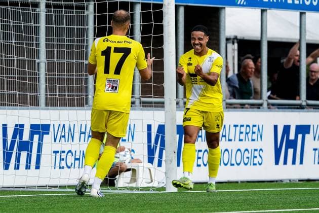 SPAKENBURG , 30-08-2025 , Sportpark De Westmaat , season 2025 2026 , Dutch Tweede Divisie football , match between Spakenburg and HSV Hoek , picture shows HSV Hoek player Din Sula and HSV Hoek player Kevin Hebbelinck celebrate their team s third goal Spakenburg - HSV Hoek  x30745067x Copyright: