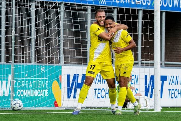 SPAKENBURG , 30-08-2025 , Sportpark De Westmaat , season 2025 2026 , Dutch Tweede Divisie football , match between Spakenburg and HSV Hoek , picture shows HSV Hoek player Din Sula and HSV Hoek player Kevin Hebbelinck celebrate their team s third goal Spakenburg - HSV Hoek  x30745068x Copyright: