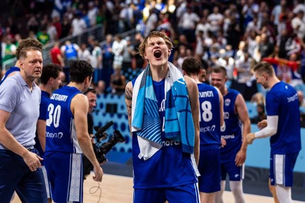 FIN, Eurobasket 205, Basketball Europameisterschaft, Achtelfinal, Serbien-Finnland 06.09.2025, Riga Arena, Riga, FIN, Eurobasket 205, Basketball Europameisterschaft, Achtelfinal, Serbien-Finnland Miikka Muurinen (Finnland, No 24) jubelt  Foto Alexander Trienitz Riga Riga Arena Riga Lettland