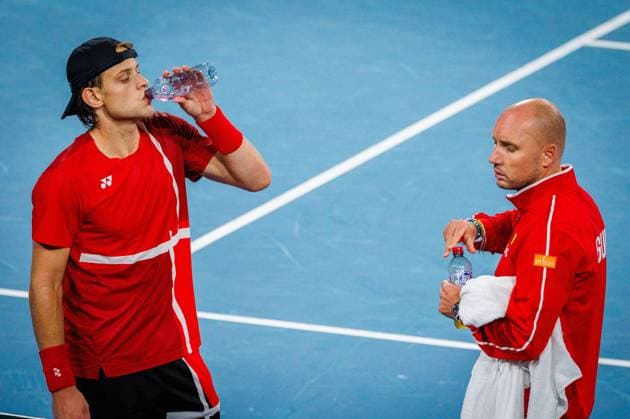 Belgian Zizou Bergs and Belgian captain Steve Darcis pictured duringa a tennis match between Belgian Bergs and Australian Thompson, during the qualifier of the Davis Cup, Saturday 13 September 2025, in Sydney, Australia. Belgium and Australia will compete this weekend in the second round of the Davis Cup qualifiers. PATRICKxHAMILTON  x134102865x