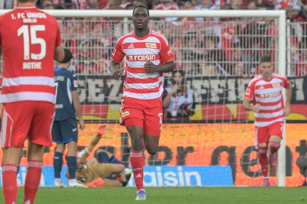 im Bild v.l.: Tor, Treffer, Jubel, Torjubel, Freude, Begeisterung, feiert, nach 1:2, Ilyas Ansah (1.FC Union), GER, Berlin, 1. FC Union Berlin vs TSG Hoffenheim, 1. Bundesliga, Fussball, DFB, Spielzeit 2025 2026, Alte Foersterei, . Spieltag, DFB DFL REGULATIONS PROHIBIT ANY USE OF PHOTOGRAPHS AS IMAGE SEQUENCES AND OR QUASI-VIDEO, 13.09.25, Copyright: HMBxMedia UwexKoch