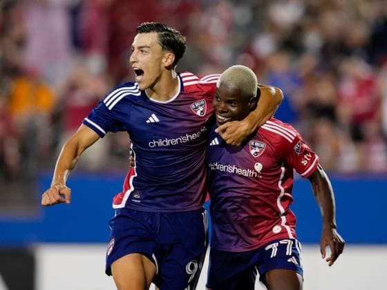 September 13, 2025, Frisco, Texas, USA: FC Dallas forward PETAR MUSA (9) and FC Dallas defender BERNARD KAMUNGO (77) celebrate after a goal to make it 2-0 during a Major League Soccer match between FC Dallas and Austin FC on September 13, 2025, in Frisco, Texas. FC Dallas won, 2-0. Frisco USA - ZUMAc201 20250913_zap_c201_083 Copyright: xScottxColemanx