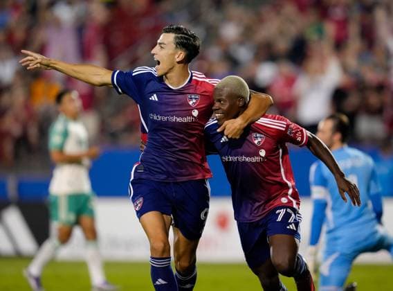 September 13, 2025, Frisco, Texas, USA: FC Dallas forward PETAR MUSA (9) and FC Dallas defender BERNARD KAMUNGO (77) celebrate after a goal to make it 2-0 during a Major League Soccer match between FC Dallas and Austin FC on September 13, 2025, in Frisco, Texas. FC Dallas won, 2-0. Frisco USA - ZUMAc201 20250913_zap_c201_097 Copyright: xScottxColemanx