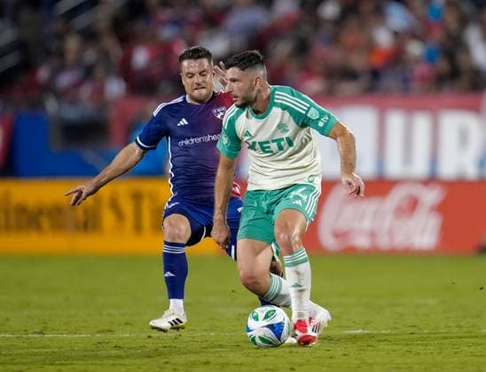 September 13, 2025, Frisco, Texas, USA: FC Dallas midfielder RAMIRO (17) works against Austin FC midfielder BESARD SABOVIC (14) during a Major League Soccer match between FC Dallas and Austin FC on September 13, 2025, in Frisco, Texas. FC Dallas won, 2-0. Frisco USA - ZUMAc201 20250913_zap_c201_104 Copyright: xScottxColemanx
