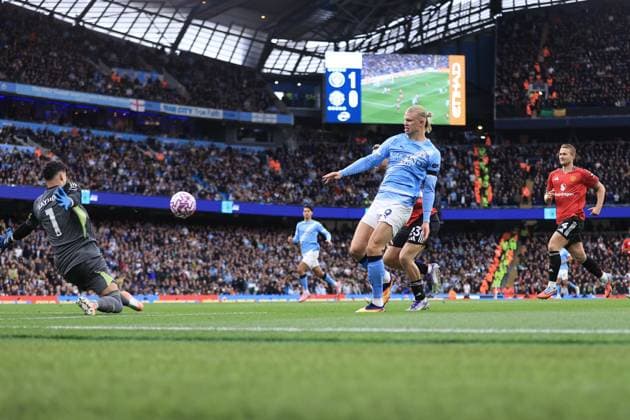 Manchester City v Manchester United, ManU 14th September 2025 - Premier League - Manchester City v Manchester United - Erling Haaland of Manchester City scoring the second goal for his team - Photo: Simon Stacpoole Offside. Manchester UK Copyright: xSimonxStacpoolexOffside