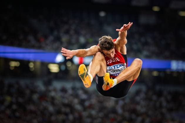 World Athletics Championships; Tokyo, 17.09.2025 Simon Ehammer (Schweiz) in Aktion beim Weitsprung während der Leichtathletik-Weltmeisterschaft 2025 in Tokio am 17. September 2025 Copyright: xBEAUTIFULxSPORTS TobiasxLacknerx