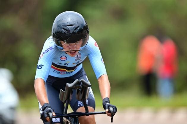 Belgian Fleur Moors pictured in action during the Women U23 Individual Time Trial race (22,6km) at the cycling road world championships, in Kigali, Rwanda, Monday 22 September 2025. The 2025 UCI Road World Championships take place from 21 to 28 September in Kigali, Rwanda. DIRKxWAEM  x134987676x