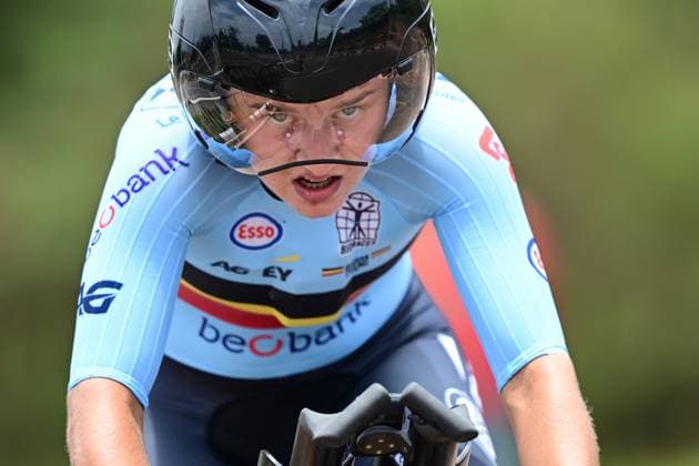 Belgian Fleur Moors pictured in action during the Women U23 Individual Time Trial race (22,6km) at the cycling road world championships, in Kigali, Rwanda, Monday 22 September 2025. The 2025 UCI Road World Championships take place from 21 to 28 September in Kigali, Rwanda. DIRKxWAEM  x134987678x