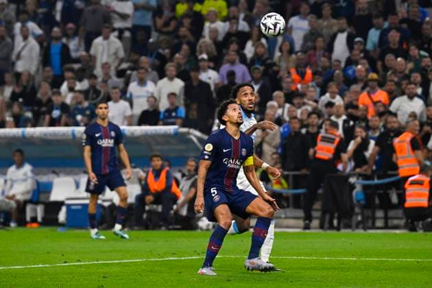 FOOTBALL : Olympique de Marseille VS Paris Saint Germain - Ligue 1 McDonald s - 22 09 2025 Marquinhos (PSG) Pierre-Emerick Aubameyang (OM) - Ligue 1 Mcdonald s match between Olympique de Marseille and Paris Saint Germain on September 22, 2025 at the Orange Velodrome Stadium in Marseille. MarseilleFrance  Copyright: xWilliamxCannarellax