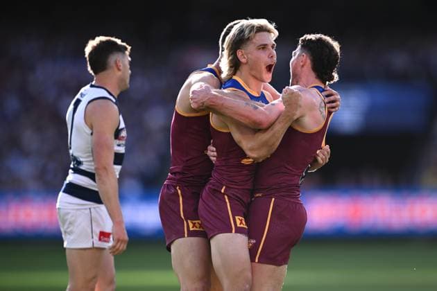 AFL GRAND FINAL, Levi Ashcroft of the Lions celebrates scoring a goal during the AFL Grand Final between the Geelong Cats and the Brisbane Lions at the Melbourne Cricket Ground in Melbourne, Saturday, September 27, 2025. ( NO ARCHIVING, EDITORIAL USE ONLY MELBOURNE VICTORIA AUSTRALIA  Copyright: xJOELxCARRETTx 20250927181393966031